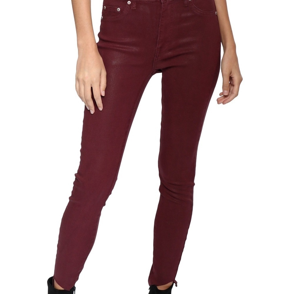 PISTOLA Red Maroon Burgundy Coated Frayed Hem Skinny Jeans 24 Cotton Casual